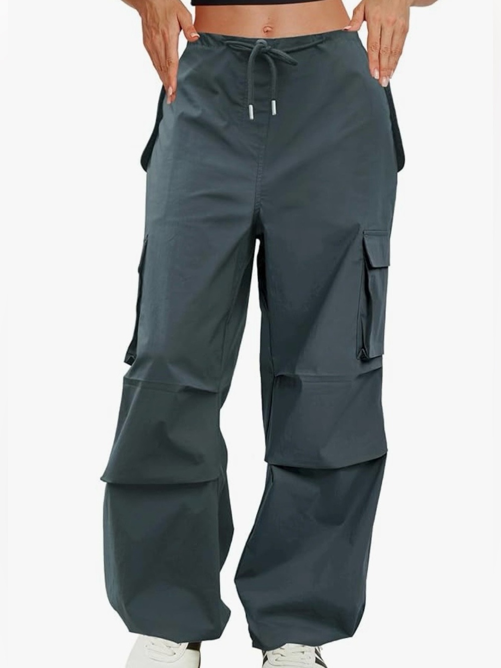Wide-Leg Cargo Jeans in Charcoal Gray with Drawstring Waist
